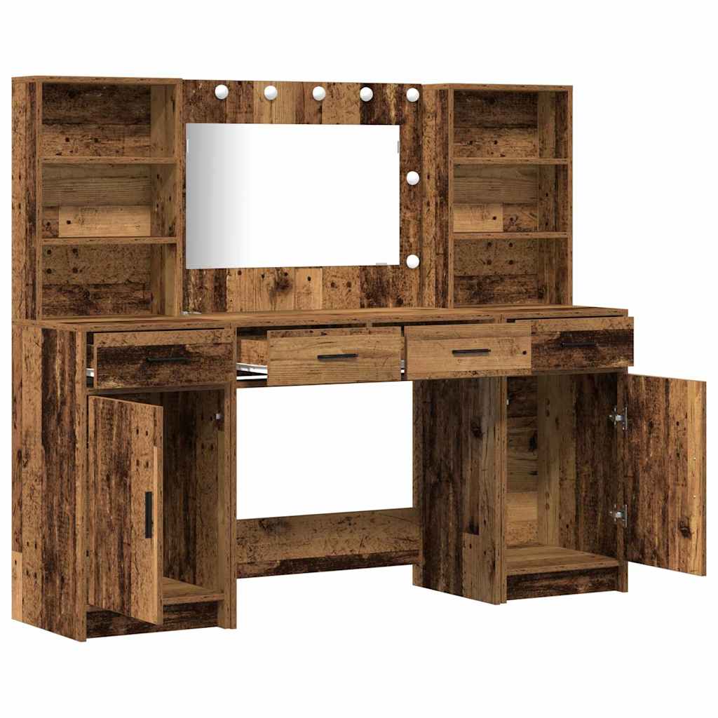 Make-up tafel set met LED met lade 3 pcs Oudhout Bewerkt hout is nu te koop bij PeponiXL, paradijselijk wonen!
