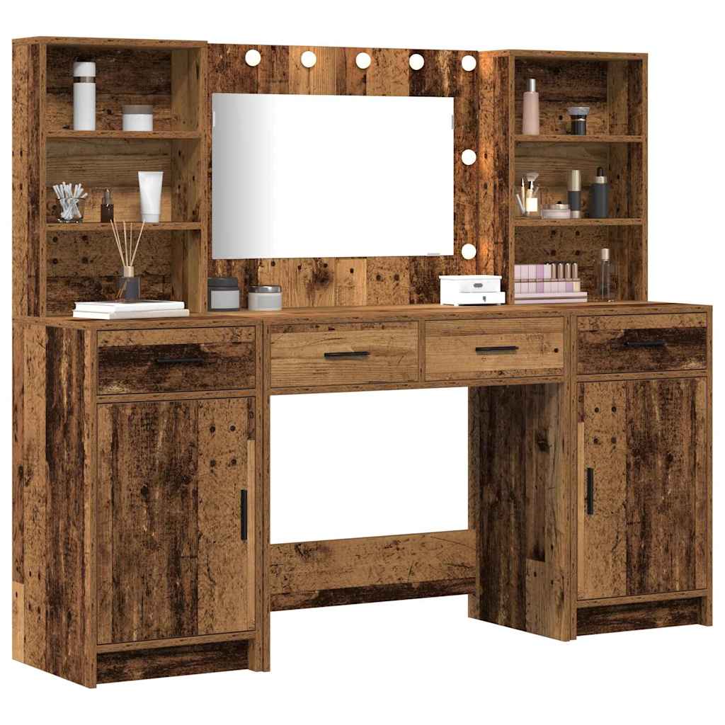 Make-up tafel set met LED met lade 3 pcs Oudhout Bewerkt hout is nu te koop bij PeponiXL, paradijselijk wonen!
