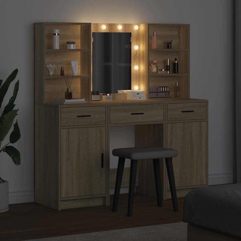 Make-up tafel set met LED 3 pcs Sonoma Eiken Bewerkt hout is nu te koop bij PeponiXL, paradijselijk wonen!