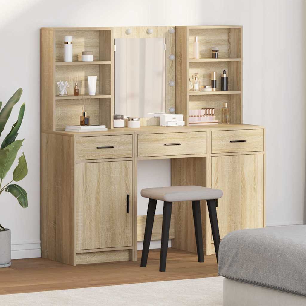 Make-up tafel set met LED 3 pcs Sonoma Eiken Bewerkt hout is nu te koop bij PeponiXL, paradijselijk wonen!