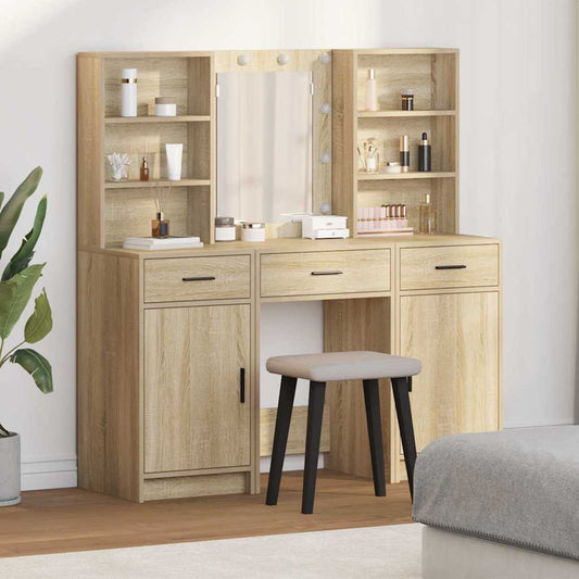 Make-up tafel set met LED 3 pcs Sonoma Eiken Bewerkt hout is nu te koop bij PeponiXL, paradijselijk wonen!