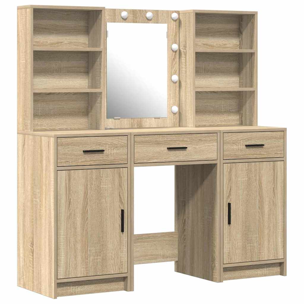 Make-up tafel set met LED 3 pcs Sonoma Eiken Bewerkt hout is nu te koop bij PeponiXL, paradijselijk wonen!