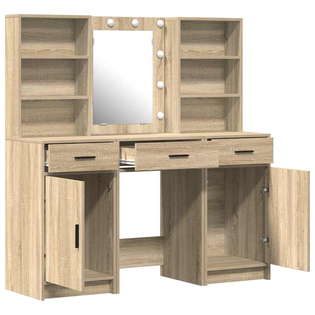 Make-up tafel set met LED 3 pcs Sonoma Eiken Bewerkt hout is nu te koop bij PeponiXL, paradijselijk wonen!