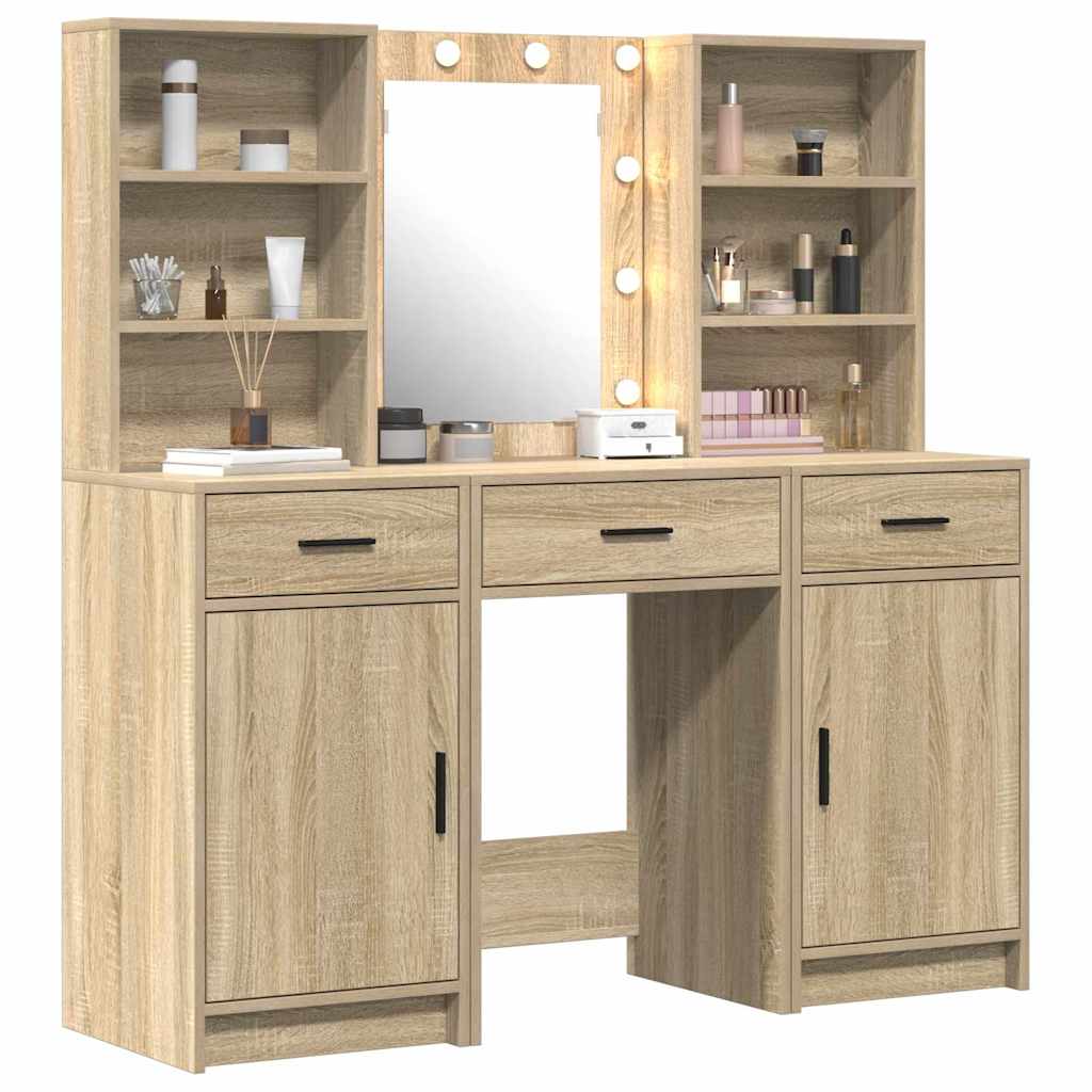 Make-up tafel set met LED 3 pcs Sonoma Eiken Bewerkt hout is nu te koop bij PeponiXL, paradijselijk wonen!
