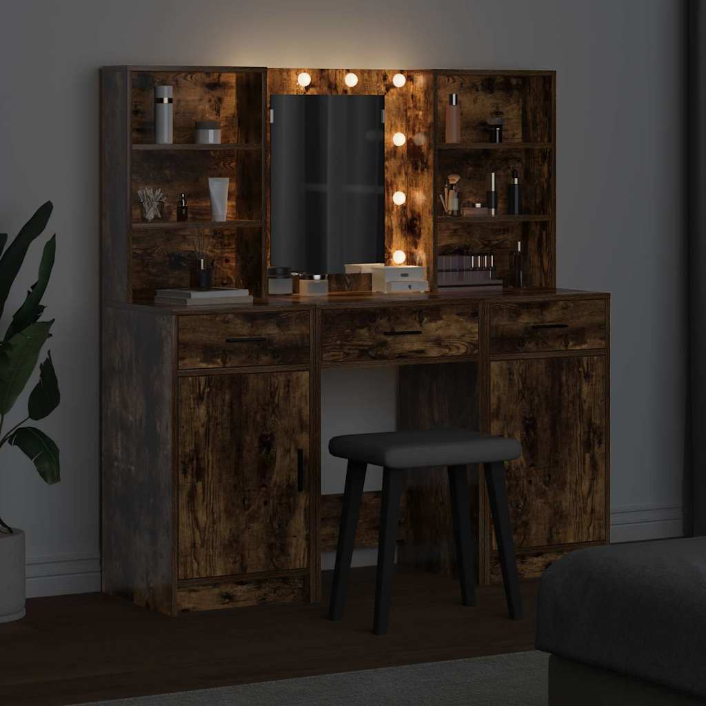 Make-up tafel set met LED 3 pcs Gerookt eiken Bewerkt hout is nu te koop bij PeponiXL, paradijselijk wonen!
