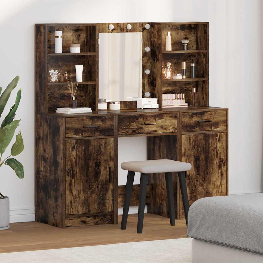 Make-up tafel set met LED 3 pcs Gerookt eiken Bewerkt hout is nu te koop bij PeponiXL, paradijselijk wonen!