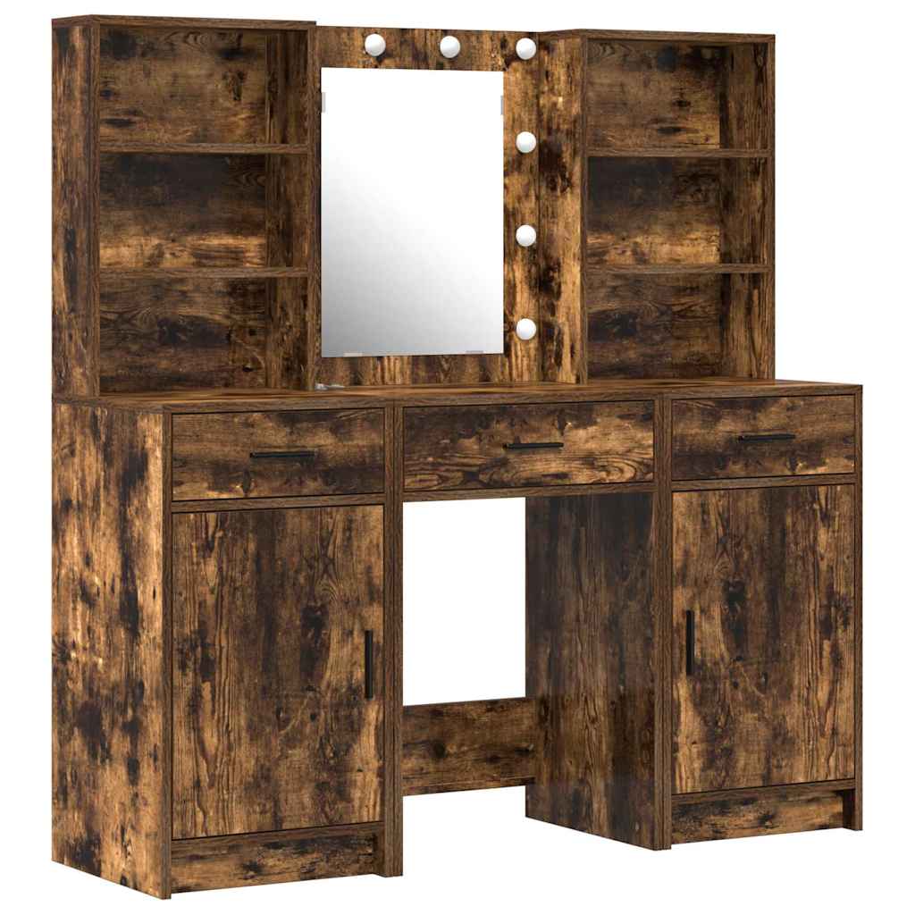 Make-up tafel set met LED 3 pcs Gerookt eiken Bewerkt hout is nu te koop bij PeponiXL, paradijselijk wonen!