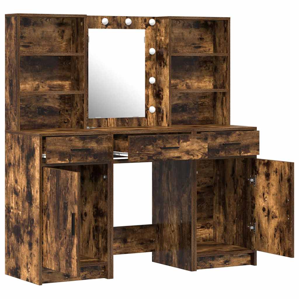 Make-up tafel set met LED 3 pcs Gerookt eiken Bewerkt hout is nu te koop bij PeponiXL, paradijselijk wonen!