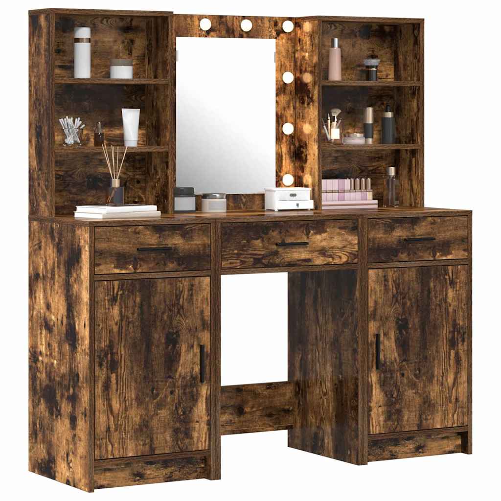 Make-up tafel set met LED 3 pcs Gerookt eiken Bewerkt hout is nu te koop bij PeponiXL, paradijselijk wonen!