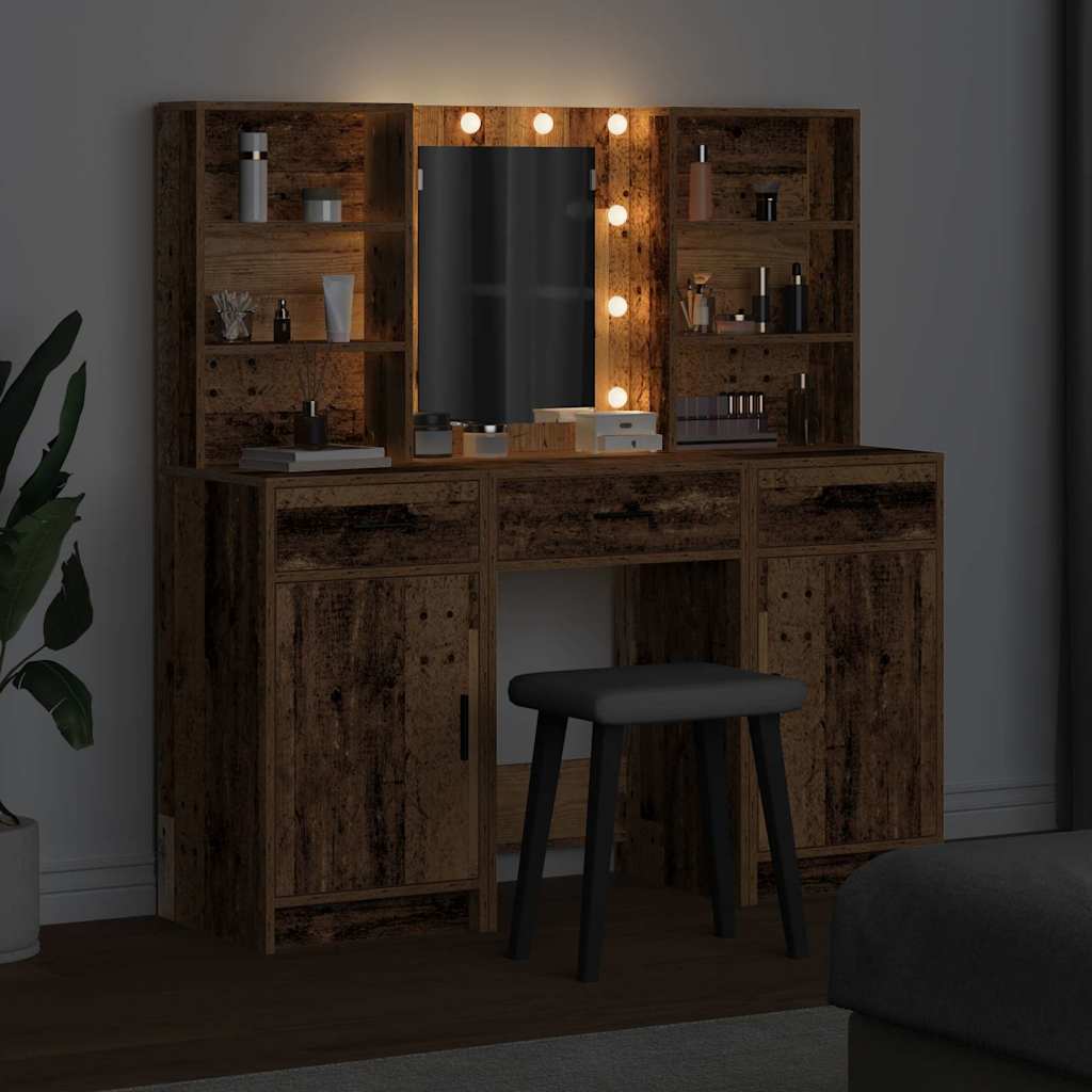 Make-up tafel set met LED met lade 3 pcs Oudhout Bewerkt hout is nu te koop bij PeponiXL, paradijselijk wonen!