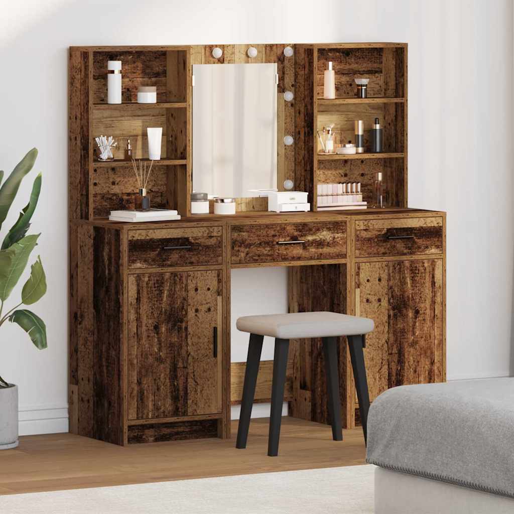 Make-up tafel set met LED met lade 3 pcs Oudhout Bewerkt hout is nu te koop bij PeponiXL, paradijselijk wonen!