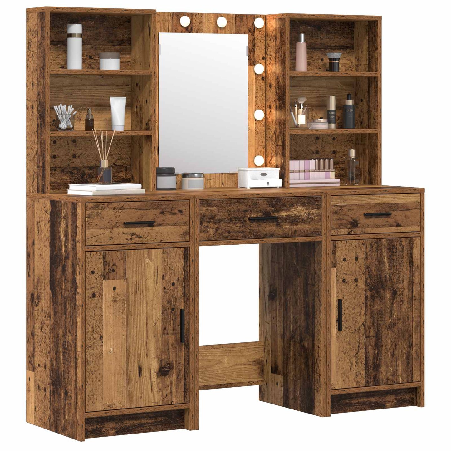 Make-up tafel set met LED met lade 3 pcs Oudhout Bewerkt hout is nu te koop bij PeponiXL, paradijselijk wonen!