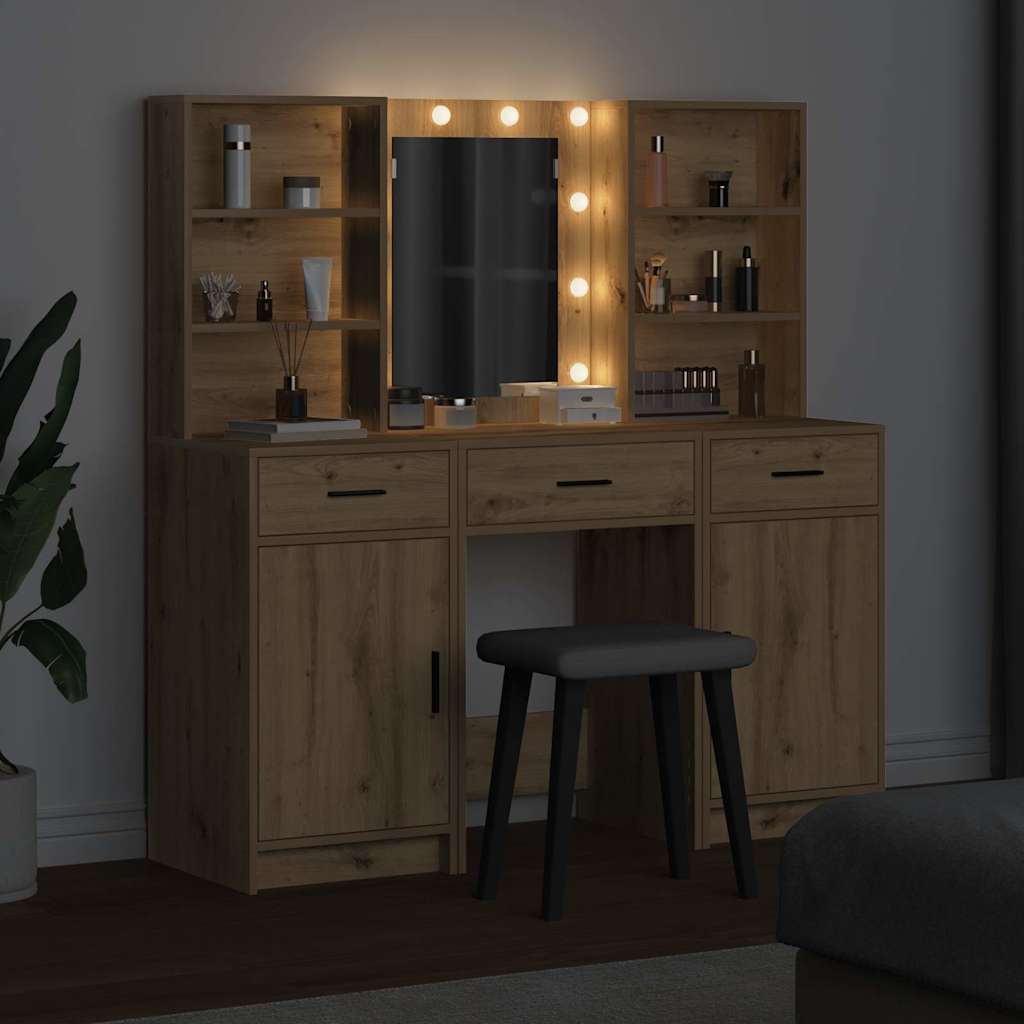 Make-up tafel set met LED 3 pcs Artisan Eiken Bewerkt hout is nu te koop bij PeponiXL, paradijselijk wonen!