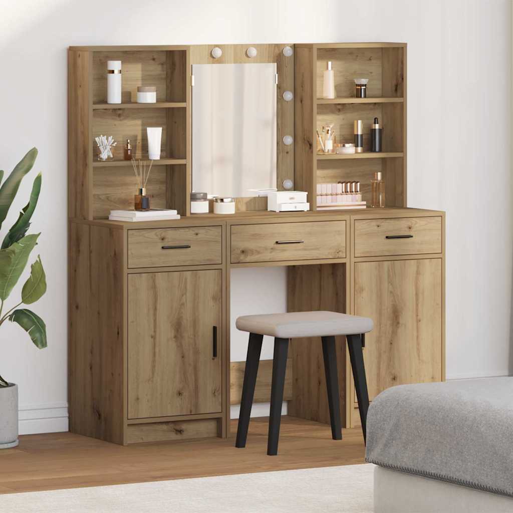 Make-up tafel set met LED 3 pcs Artisan Eiken Bewerkt hout is nu te koop bij PeponiXL, paradijselijk wonen!