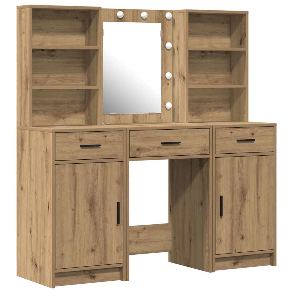 Make-up tafel set met LED 3 pcs Artisan Eiken Bewerkt hout is nu te koop bij PeponiXL, paradijselijk wonen!