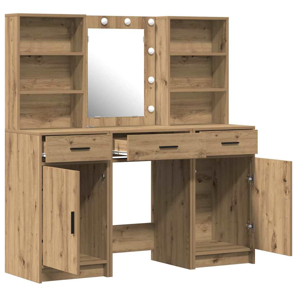 Make-up tafel set met LED 3 pcs Artisan Eiken Bewerkt hout is nu te koop bij PeponiXL, paradijselijk wonen!