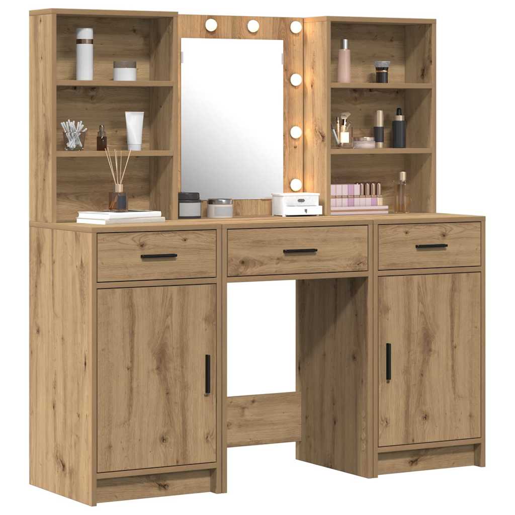 Make-up tafel set met LED 3 pcs Artisan Eiken Bewerkt hout is nu te koop bij PeponiXL, paradijselijk wonen!