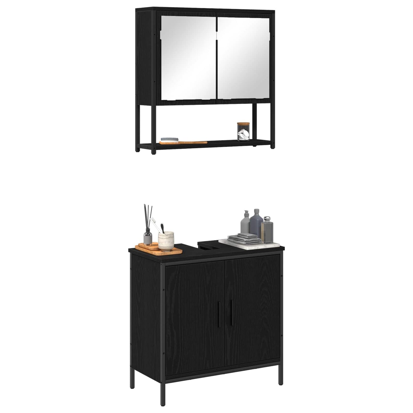 Badkamermeubelset met plank met opslag 2 pcs Zwart Bewerkt hout is nu te koop bij PeponiXL, paradijselijk wonen!