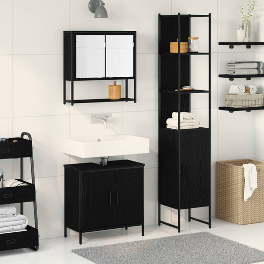 Badkamermeubelset met plank met opslag 3 pcs Zwart Bewerkt hout is nu te koop bij PeponiXL, paradijselijk wonen!
