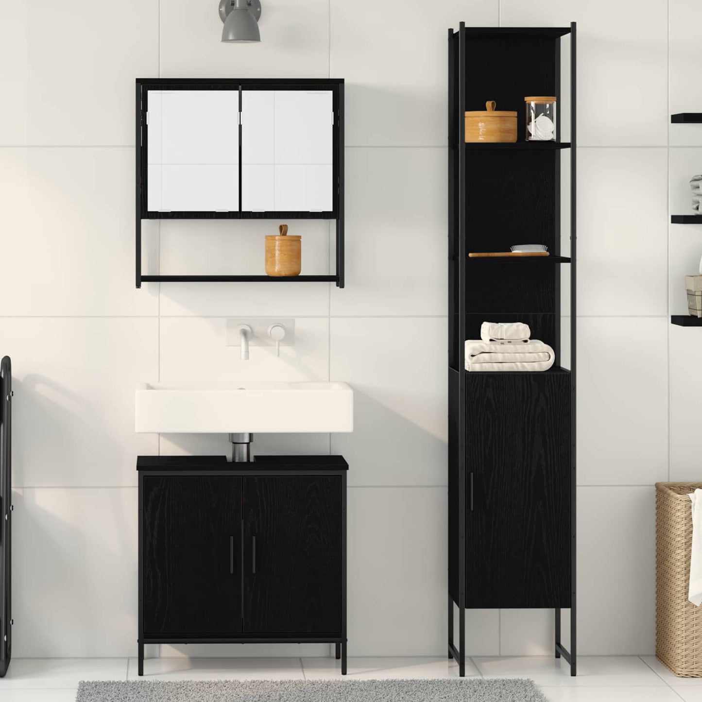 Badkamermeubelset met plank met opslag 3 pcs Zwart Bewerkt hout is nu te koop bij PeponiXL, paradijselijk wonen!