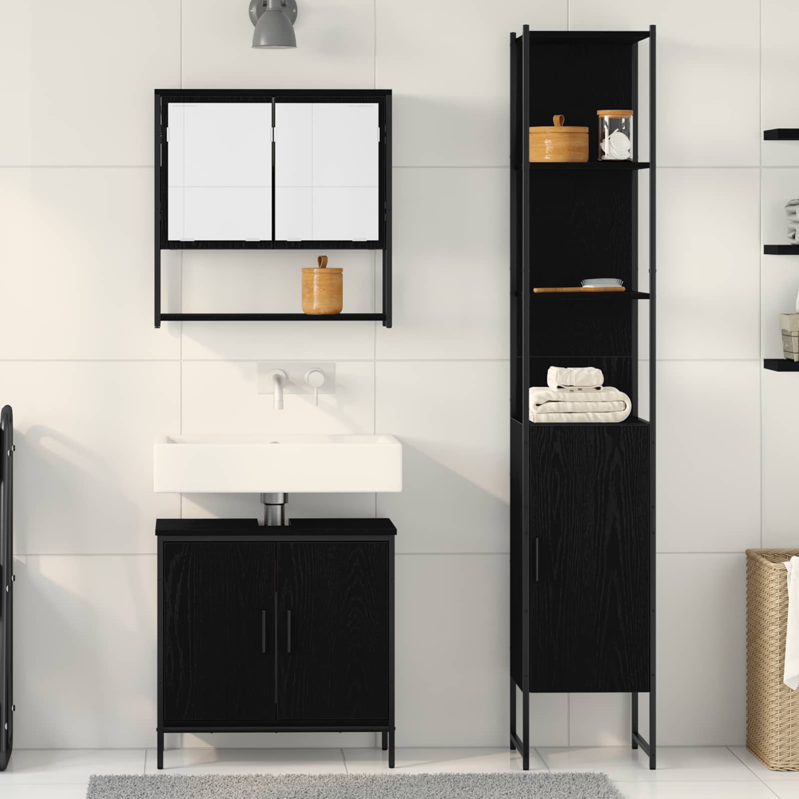 Badkamermeubelset met plank met opslag 3 pcs Zwart Bewerkt hout is nu te koop bij PeponiXL, paradijselijk wonen!