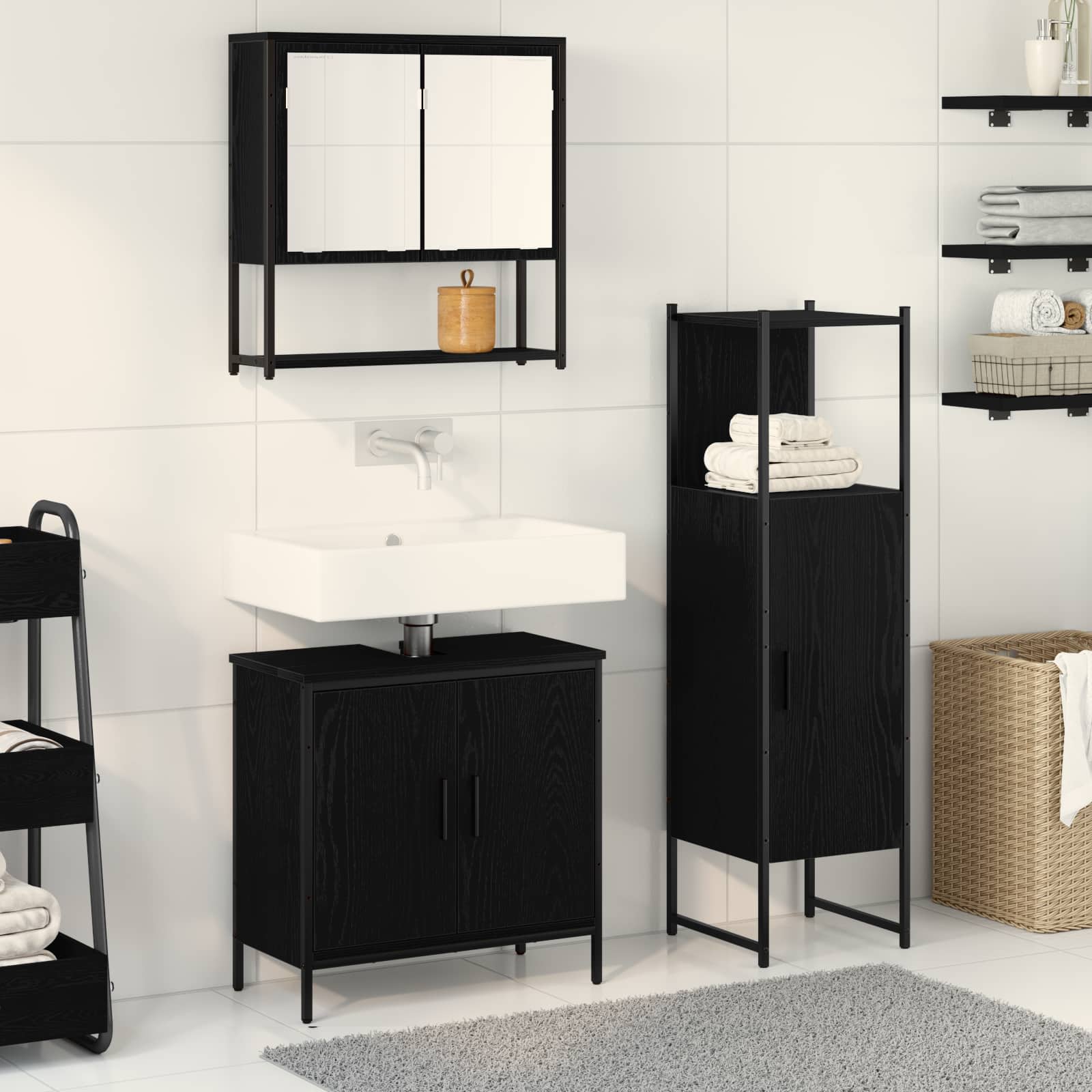 Badkamermeubelset met plank met opslag 3 pcs Zwart Bewerkt hout is nu te koop bij PeponiXL, paradijselijk wonen!