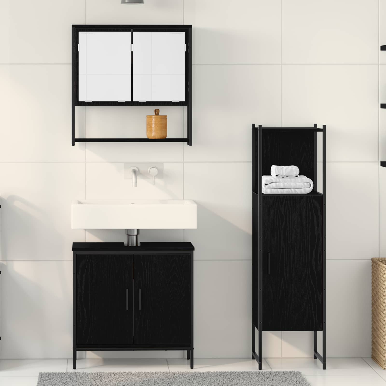 Badkamermeubelset met plank met opslag 3 pcs Zwart Bewerkt hout is nu te koop bij PeponiXL, paradijselijk wonen!