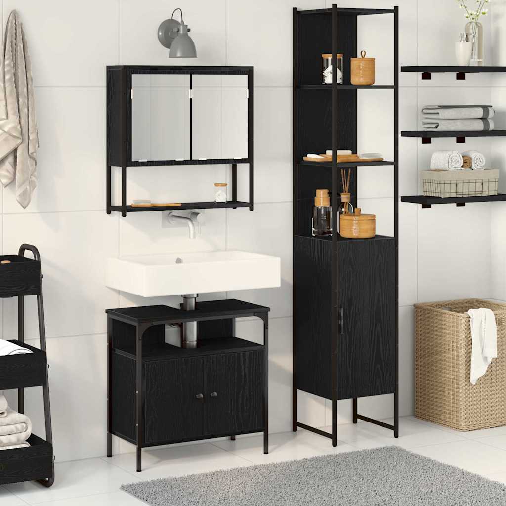 Badkamermeubelset met plank 3 pcs Zwart Eiken Bewerkt hout is nu te koop bij PeponiXL, paradijselijk wonen!