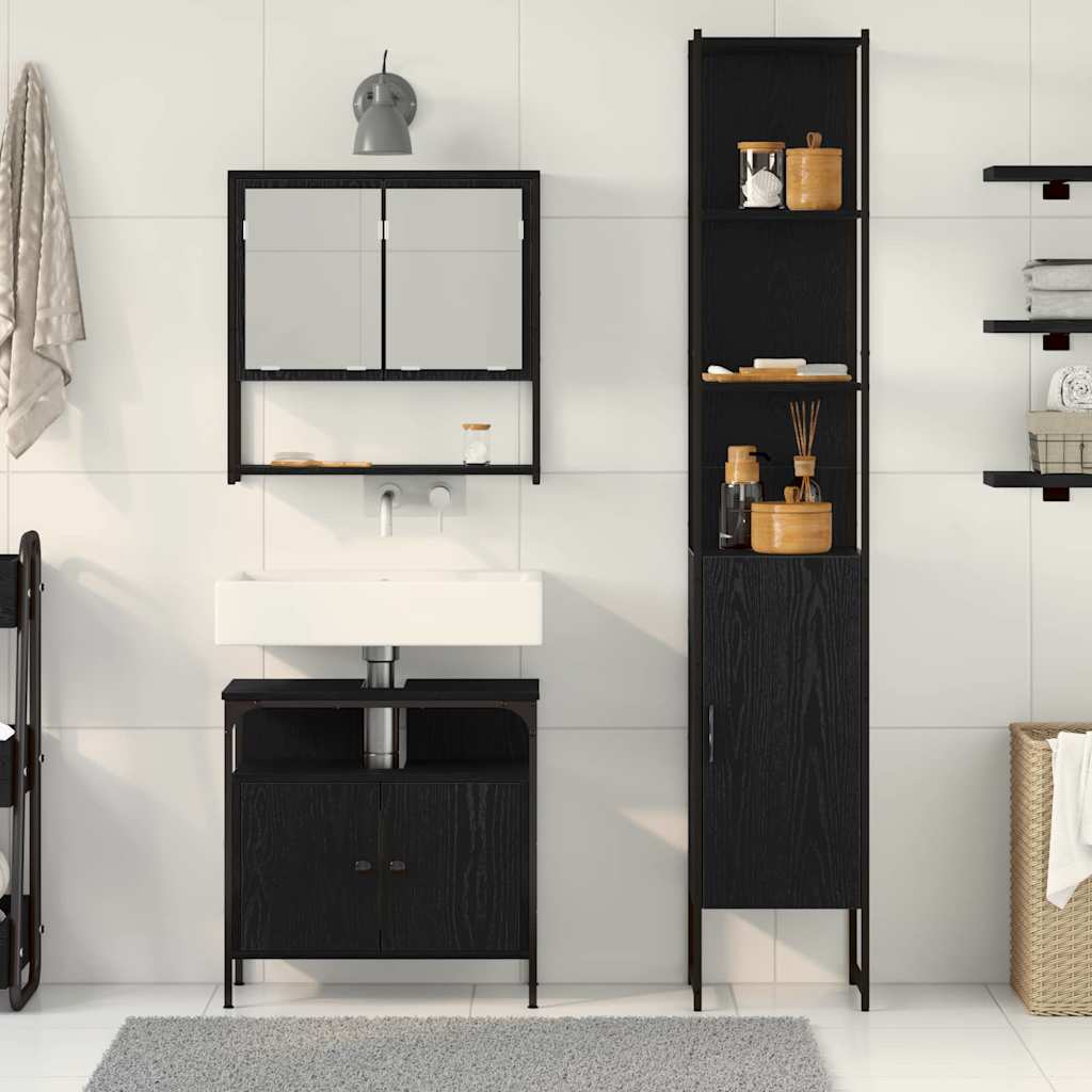 Badkamermeubelset met plank 3 pcs Zwart Eiken Bewerkt hout is nu te koop bij PeponiXL, paradijselijk wonen!