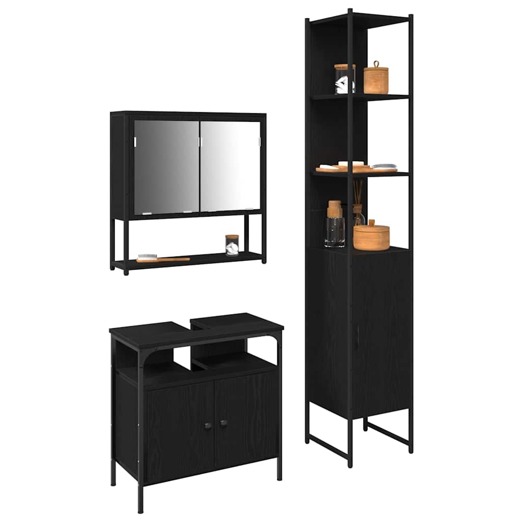 Badkamermeubelset met plank 3 pcs Zwart Eiken Bewerkt hout is nu te koop bij PeponiXL, paradijselijk wonen!