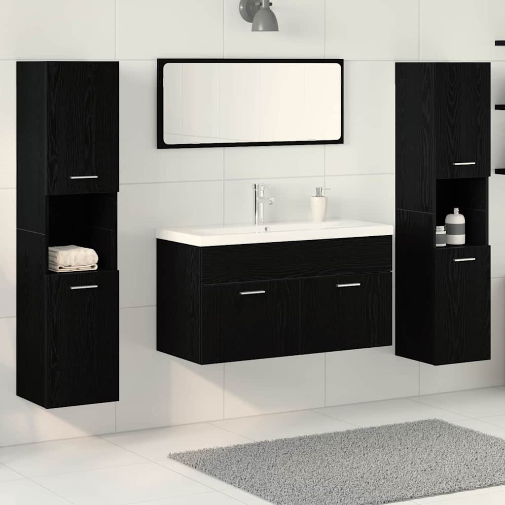 Badkamermeubelset met plank 4 pcs Zwart Eiken Bewerkt hout is nu te koop bij PeponiXL, paradijselijk wonen!