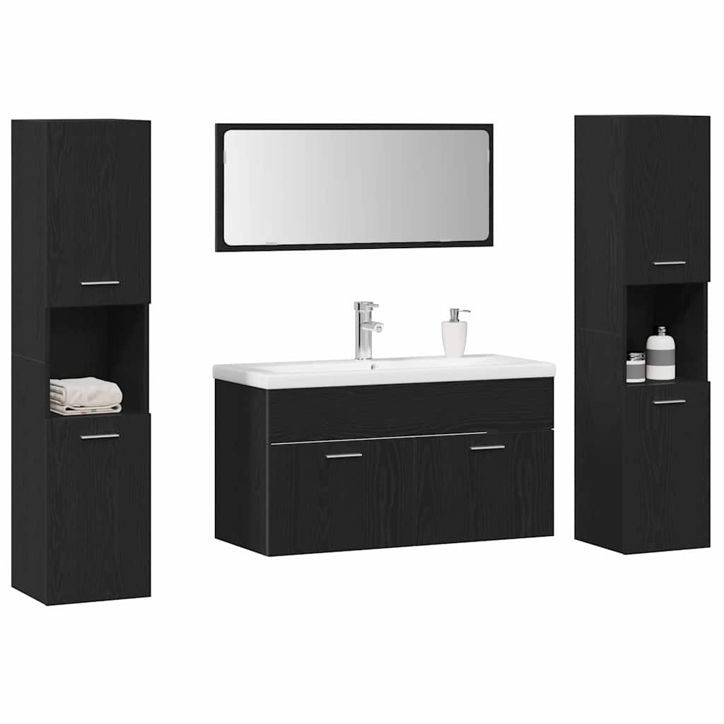 Badkamermeubelset met plank 4 pcs Zwart Eiken Bewerkt hout is nu te koop bij PeponiXL, paradijselijk wonen!