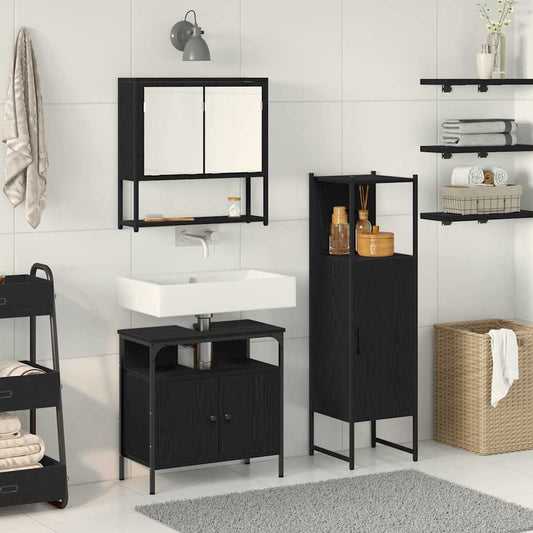 Badkamermeubelset met plank met opslag 3 pcs Zwart Bewerkt hout is nu te koop bij PeponiXL, paradijselijk wonen!