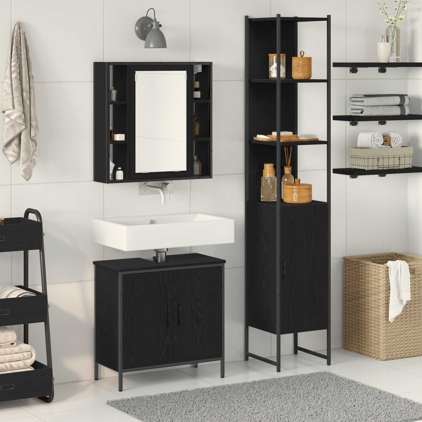 Badkamermeubels met plank met opslag 3 pcs Zwart Bewerkt hout is nu te koop bij PeponiXL, paradijselijk wonen!