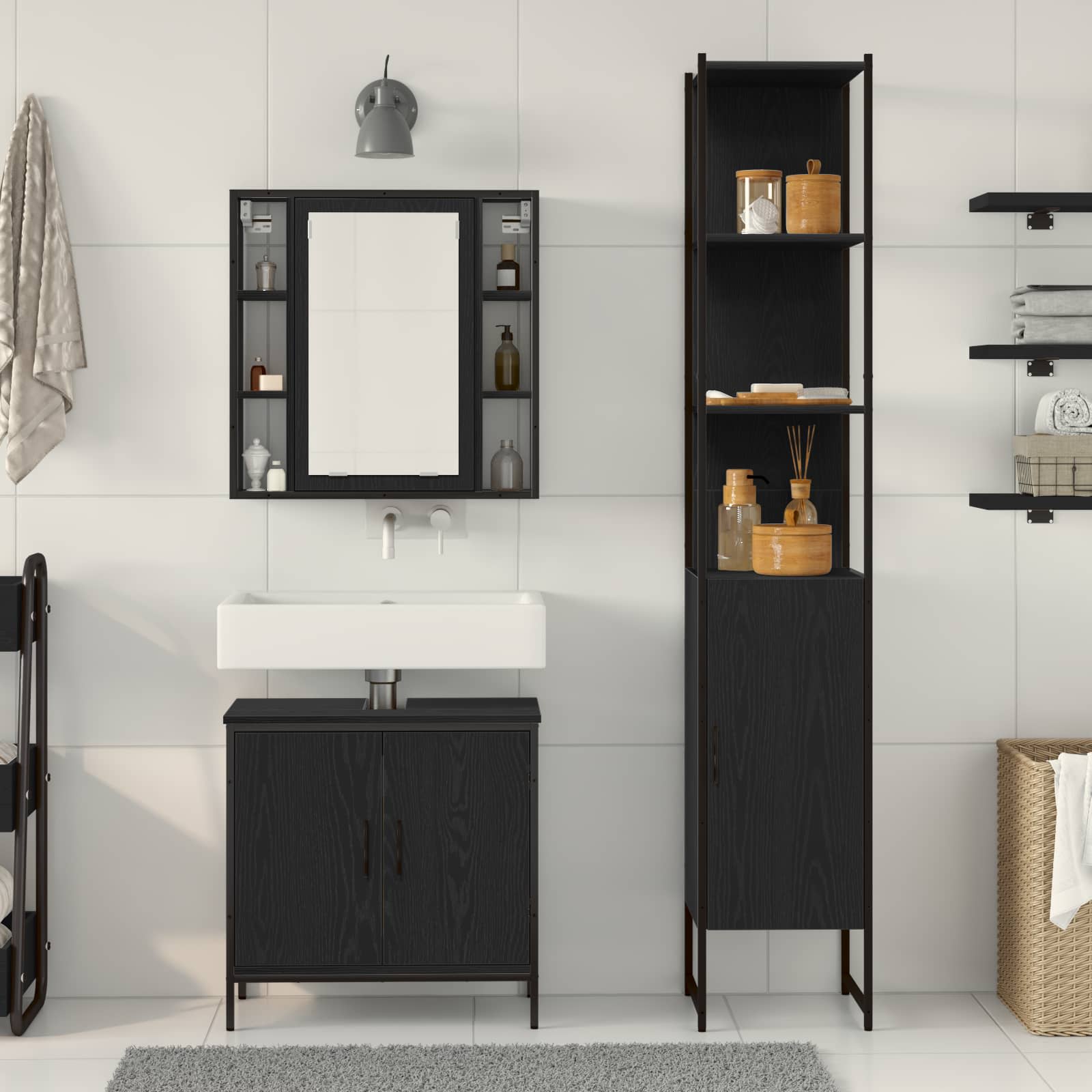 Badkamermeubels met plank met opslag 3 pcs Zwart Bewerkt hout is nu te koop bij PeponiXL, paradijselijk wonen!