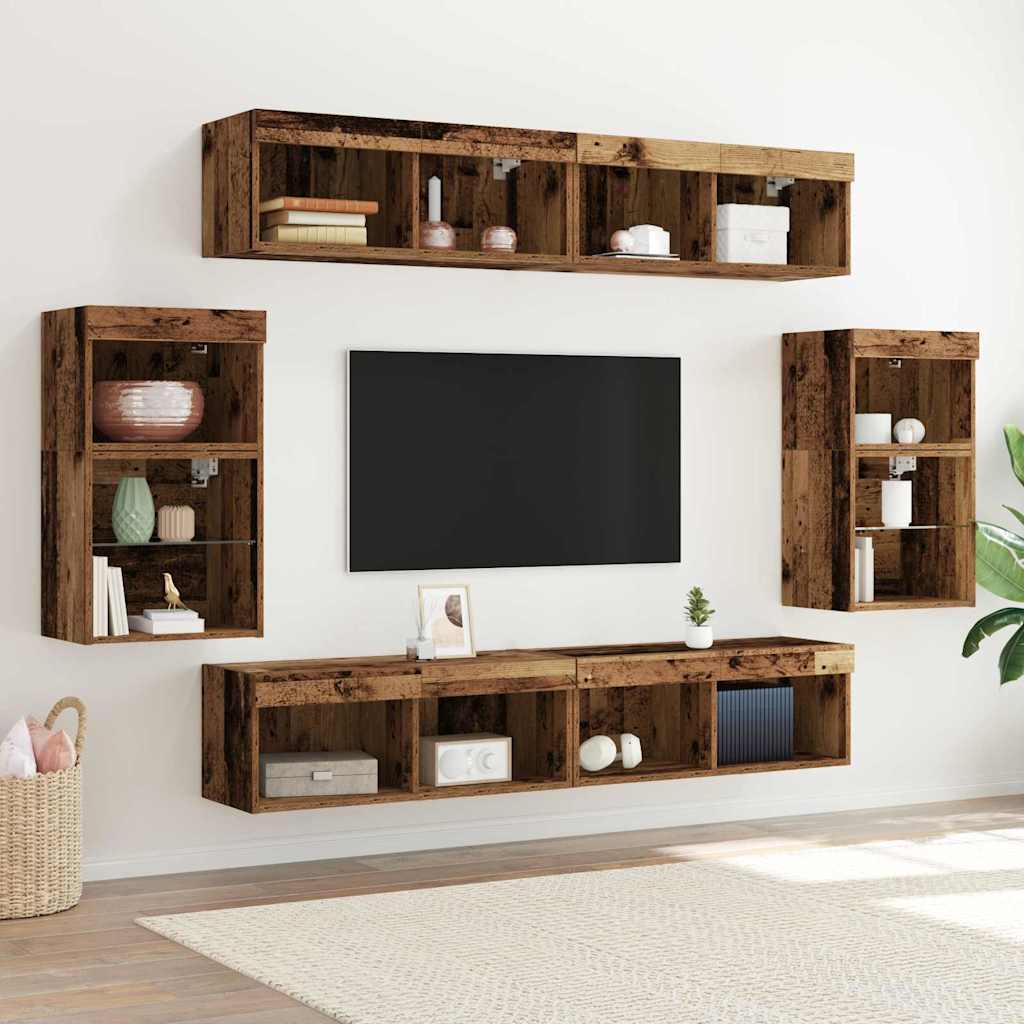 Tv-meubelset met LED-striplichten 8 pcs Oud hout Bewerkt hout is nu te koop bij PeponiXL, paradijselijk wonen!