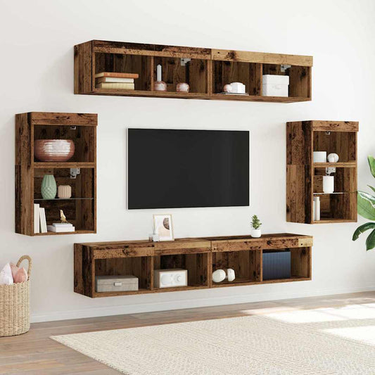 Tv-meubelset met LED-striplichten 8 pcs Oud hout Bewerkt hout is nu te koop bij PeponiXL, paradijselijk wonen!