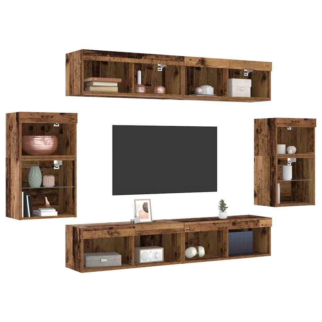 Tv-meubelset met LED-striplichten 8 pcs Oud hout Bewerkt hout is nu te koop bij PeponiXL, paradijselijk wonen!