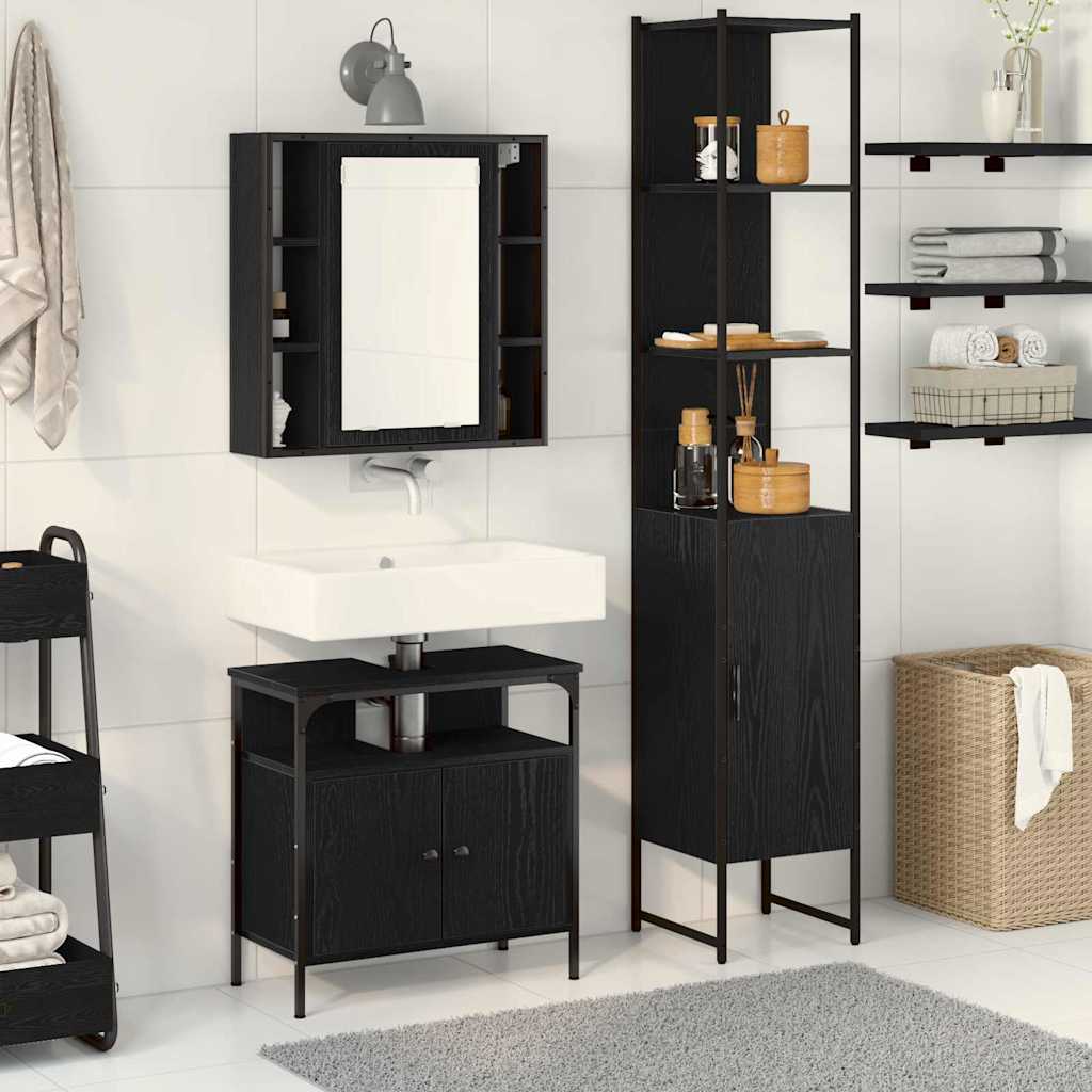 Badkamermeubelset met plank 3 pcs Zwart Eiken Bewerkt hout is nu te koop bij PeponiXL, paradijselijk wonen!