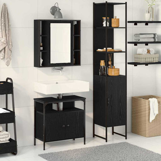 Badkamermeubelset met plank 3 pcs Zwart Eiken Bewerkt hout is nu te koop bij PeponiXL, paradijselijk wonen!