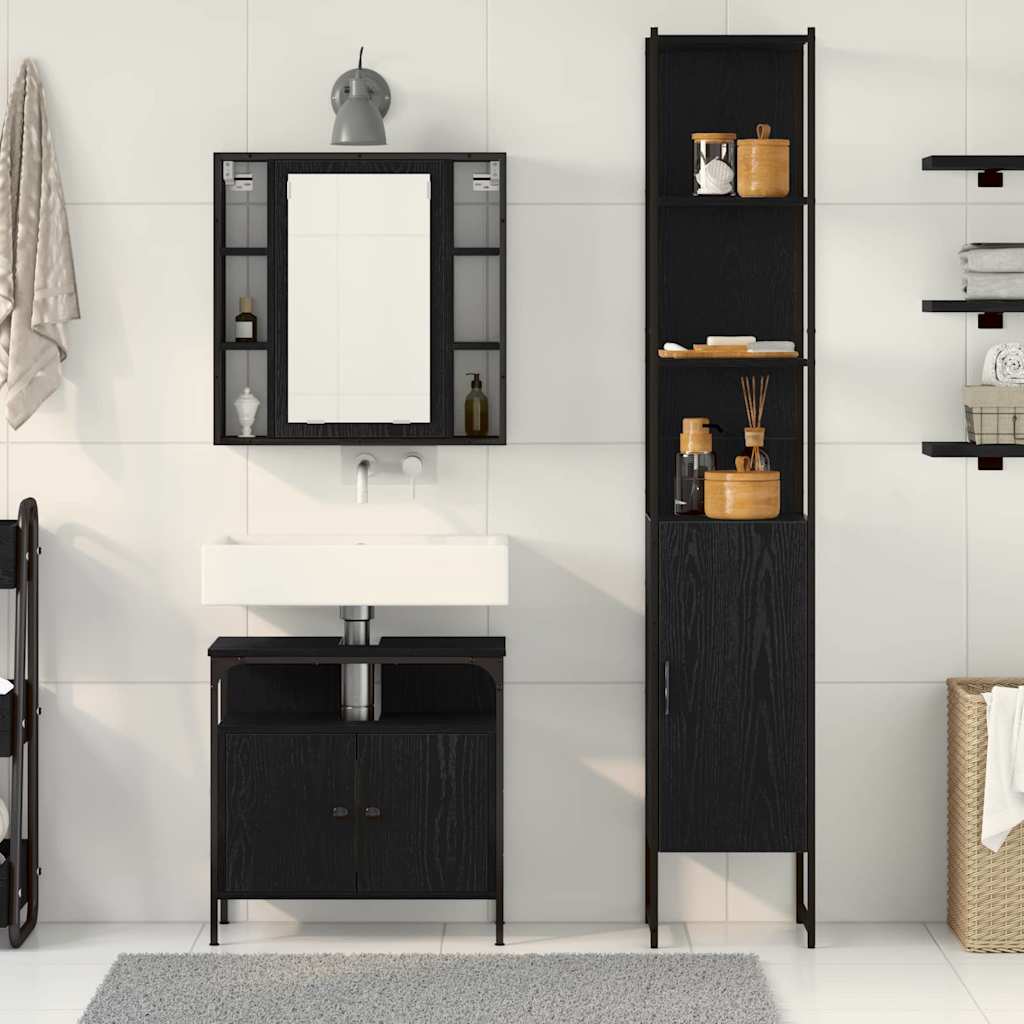 Badkamermeubelset met plank 3 pcs Zwart Eiken Bewerkt hout is nu te koop bij PeponiXL, paradijselijk wonen!