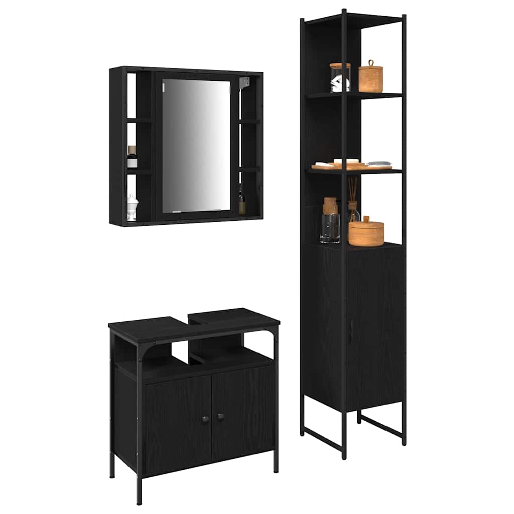 Badkamermeubelset met plank 3 pcs Zwart Eiken Bewerkt hout is nu te koop bij PeponiXL, paradijselijk wonen!