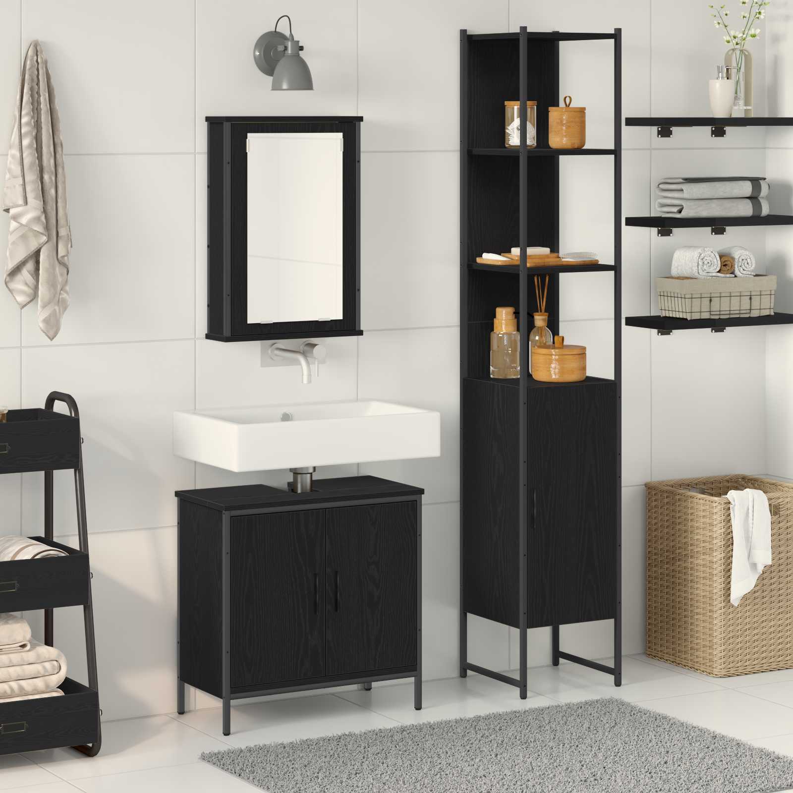 Badkamermeubelset met plank met opslag 3 pcs Zwart Bewerkt hout is nu te koop bij PeponiXL, paradijselijk wonen!