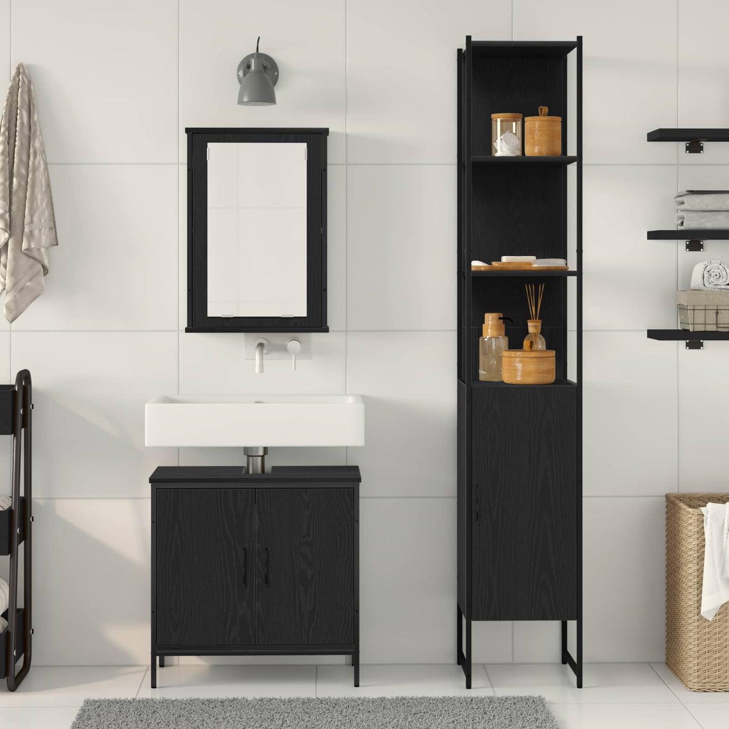 Badkamermeubelset met plank met opslag 3 pcs Zwart Bewerkt hout is nu te koop bij PeponiXL, paradijselijk wonen!