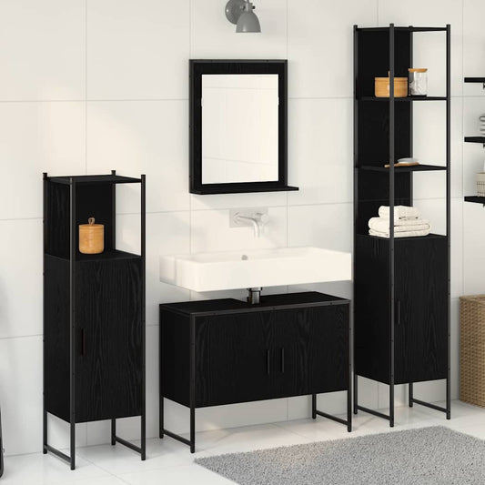 Badkamermeubelset met plank met opslag 4 pcs Zwart Bewerkt hout is nu te koop bij PeponiXL, paradijselijk wonen!