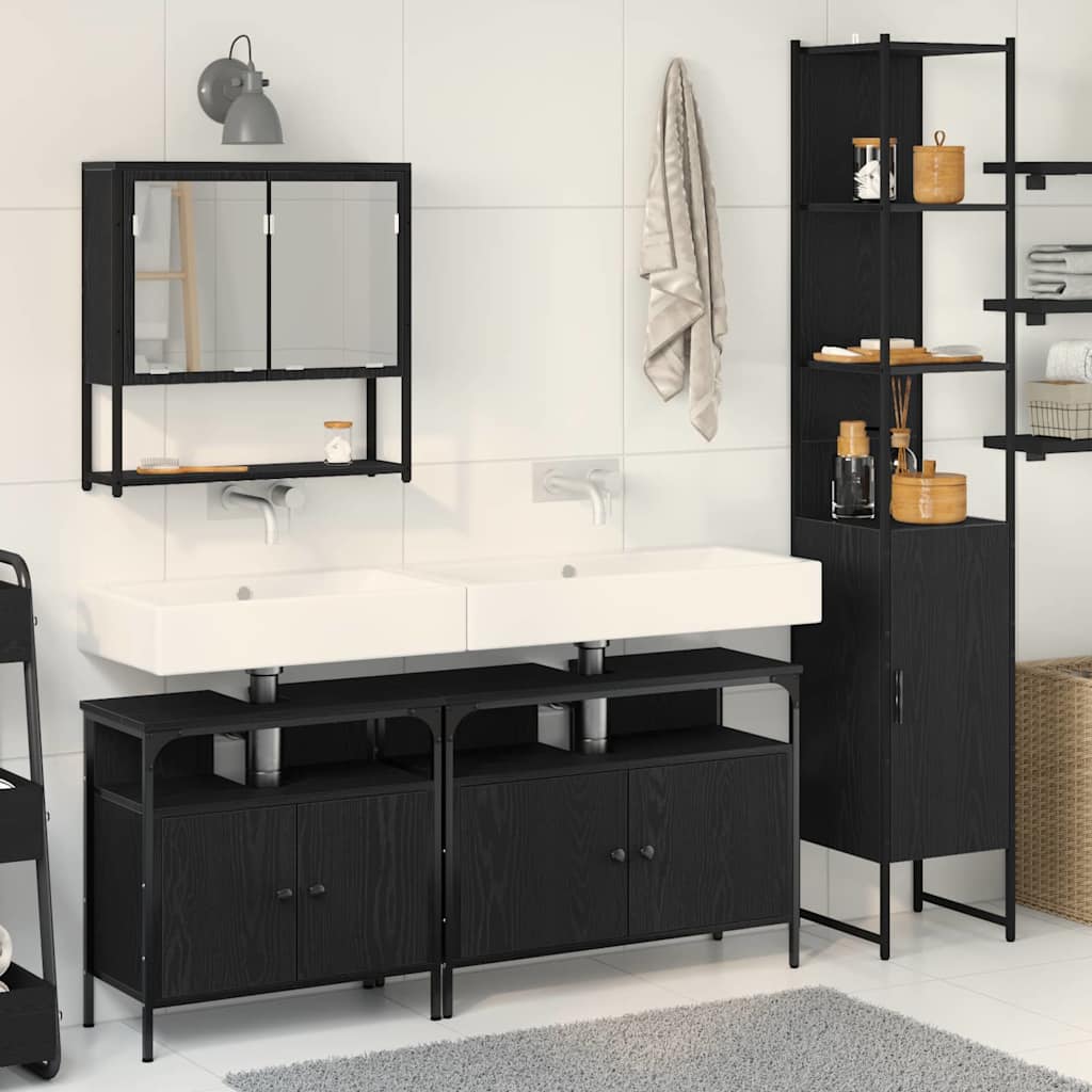 Badkamermeubelset met plank 4 pcs Zwart eiken Bewerkt hout is nu te koop bij PeponiXL, paradijselijk wonen!