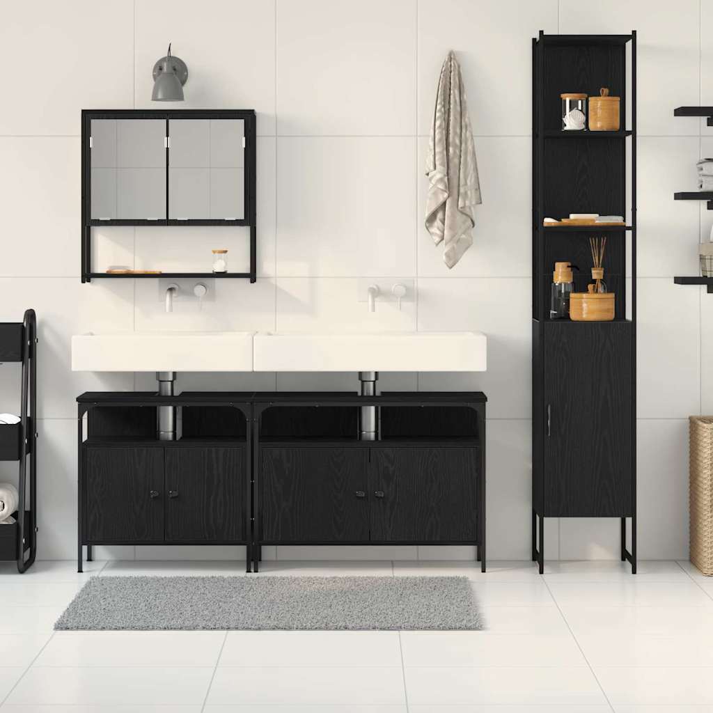 Badkamermeubelset met plank 4 pcs Zwart eiken Bewerkt hout is nu te koop bij PeponiXL, paradijselijk wonen!
