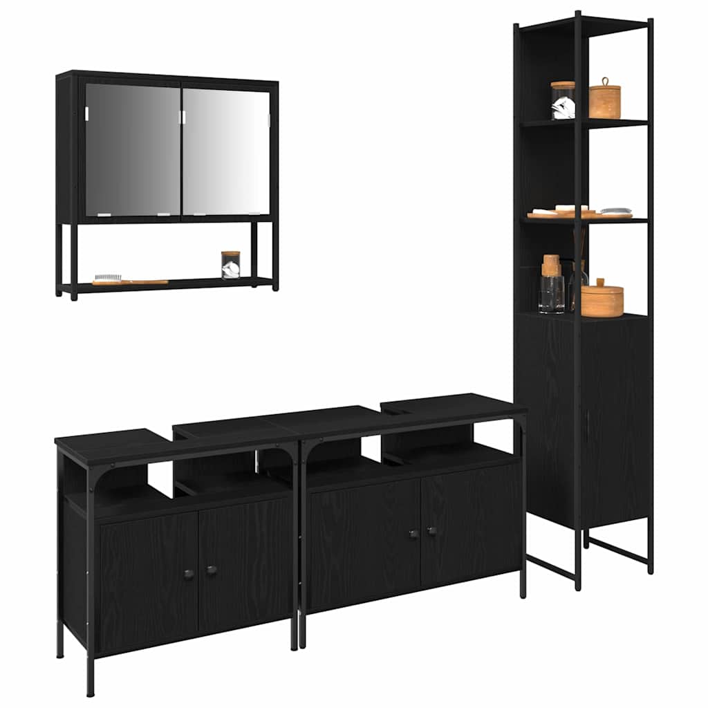 Badkamermeubelset met plank 4 pcs Zwart eiken Bewerkt hout is nu te koop bij PeponiXL, paradijselijk wonen!