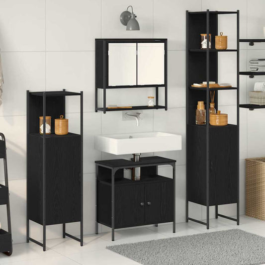 Badkamermeubelset met plank 4 pcs Zwart Eiken Bewerkt hout is nu te koop bij PeponiXL, paradijselijk wonen!