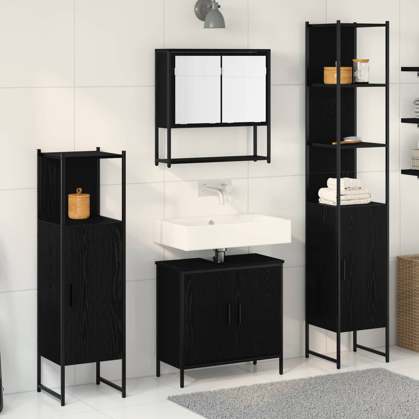 Badkamermeubelset met plank met opslag 4 pcs Zwart Bewerkt hout is nu te koop bij PeponiXL, paradijselijk wonen!